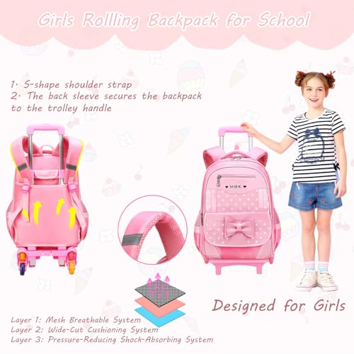 Girls Rolling Backpack Cute Bowknot Kids Schoolbag with Wheels Trolly BookBag for School-2 Wheels - color: A27#black-2 Wheels, size: 2 Wheels