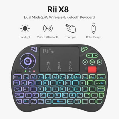 Rii X8 Mini Keyboard,Upgrade 2.4GHz Wireless and Bluetooth Keyboard with Touchpad,RGB Backlit,Rechargeable Battery for Android TV Box/Mac/PC/Nvidia Shield(2.4G+BT Version)