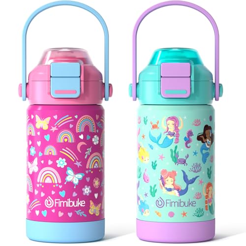 Fimibuke Kids Insulated Water Bottle with Pop-Open Straw & Spout 2-in-1 Lid, 14oz Leak Proof 18/8 Stainless Steel Vacuum Tumbler, BPA-Free Kids Cup For Travel School Girls Boys Toddler 2Packs - color: A3.Rainbow+Mermaid, size: 14 Ounces