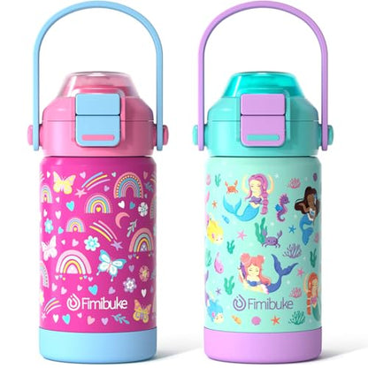 Fimibuke 14oz Kids Insulated Water Bottle with 2-in-1 Straw & Spout Lid | Leak Proof 18/8 Stainless Steel Vacuum Tumbler with Pop-Open Lid, BPA-Free Kids Cup for Travel School Girl Boy Toddler 2 Pack - color: A3.Rainbow+Mermaid, size: 14 Ounces