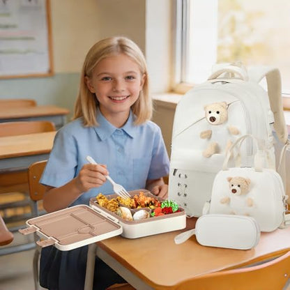 ACESAK Backpack for Girls with Bento Box - 4 PCS Cute Girls Backpack with Lunch Box, Pencil Case & Bento Box Set - 43oz Leakproof Lunch Box Kids Snack Containers Set Back to School Supplies (Beige) - color: Beige