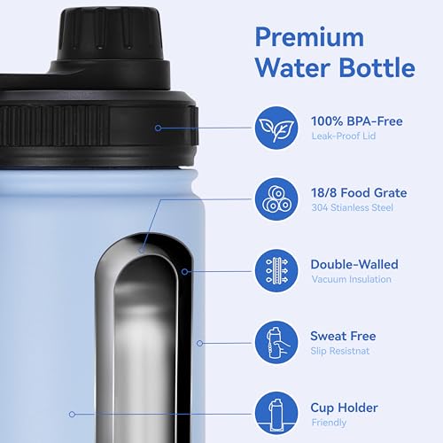 DOMICARE 16 oz Kids Water Bottle for School Stainless Steel Double Wall Vacuum Insulated Water Bottle with Straw lids & Spout Lid, Leakproof BPA Free (Light Blue,4) - color: Light Blue, size: 16oz/4 Pack
