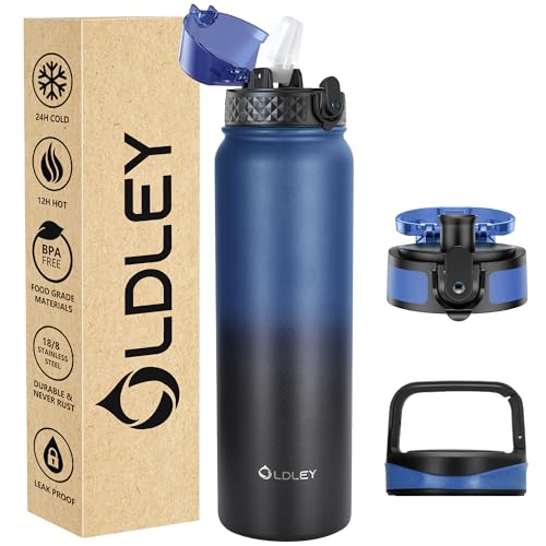 Oldley Insulated Water Bottle 32oz Water Bottles with Straw, Stainless Steel Water Bottle with 3 Lids, Double Wall Vacuum Bottles for Adult Kids, Sports Bottles for School Travel,Blue-black - color: Blue-black, size: 32 Ounces