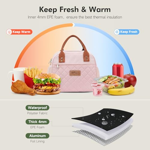 HOMESPON Insulated Lunch Bag for Women Men, Cooler Tote Box, Pink | Front Pocket, Side Mesh Pockets, Reusable, for Work, Picnic, Food Container - color: Pink