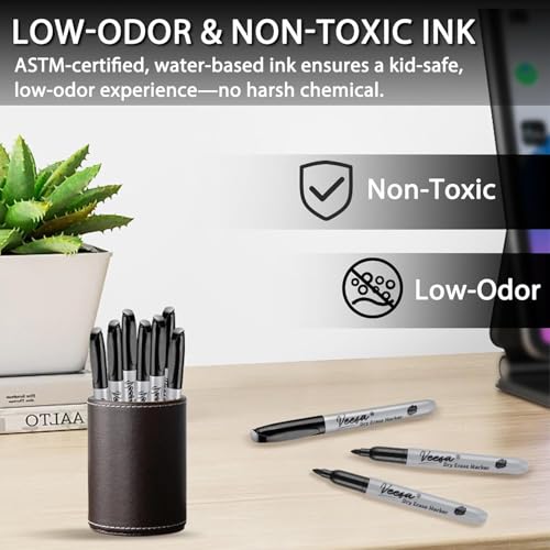 VEESA Dry Erase Markers Fine Tip, 30 Pack, Bold Black & Low-Odor | German ink, Easy to Erase, Back to School Supplies