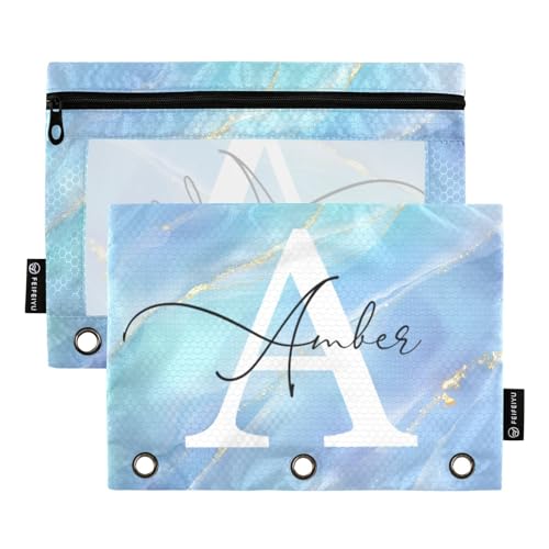 Personalized Pencil Pouch for 3 Ring Binder Blue Gold Sparkle Marble Custom Pencil Pouches Case Binder Cosmetic Bag 2 Pack for Office School College Supplies - color: Blue Gold Sparkle