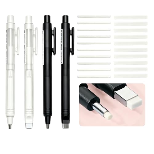 4 Pack Retractable Mechanical Eraser Pen Set (2 Black, 2 White) with 20 Refills (10 Rectangular, 10 Round Tips), Precision Erasers for Artists Drawing, Office & Students - color: Black+white