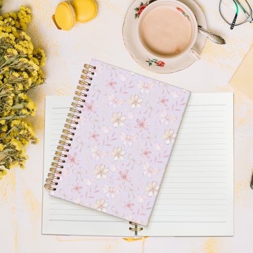 MOFUYU Cute Preppy Purple Bow Notebook Journals Diary | Preppy Cute Purple School Supplies for Teen Girls Women,Floral Hardcover Spiral Notebook A5 - color: Purple(pink)