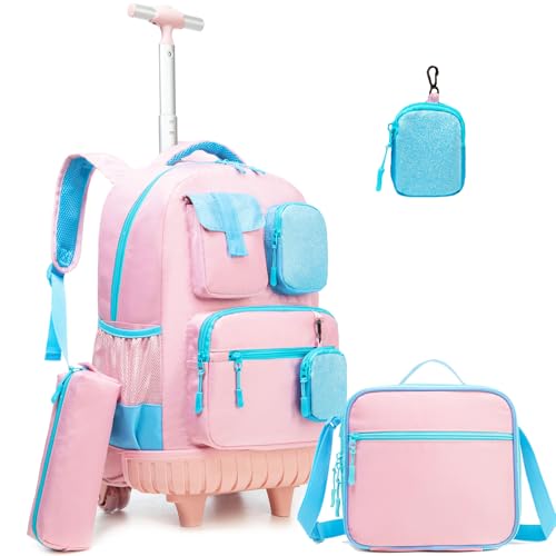 Rolling Backpack for Girls 8-12 Backpack for School Elementary Students with Wheels Lunch Bag Pencil Case Kids Backpacks for Girls Primary School - color: Solid Pink