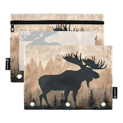 Moose Brown Pencil Pouch for 3 Ring Binder Pencils Bag Pencil Case with Zipper Clear Window for School Office 2 Packs - color: Moose Brown Wood