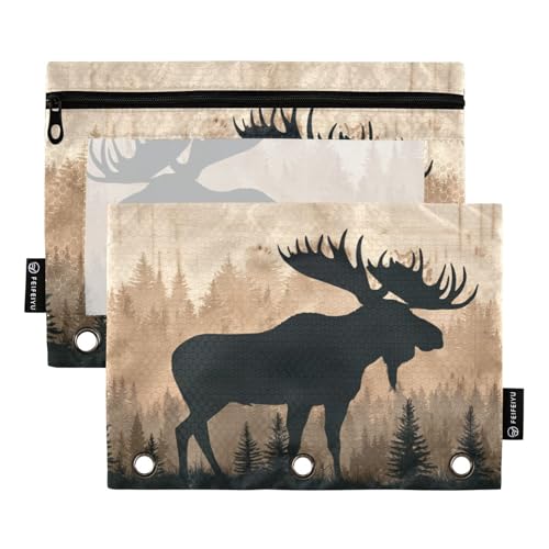 Moose Brown Pencil Pouch for 3 Ring Binder Pencils Bag Pencil Case with Zipper Clear Window for School Office 2 Packs - color: Moose Brown Wood