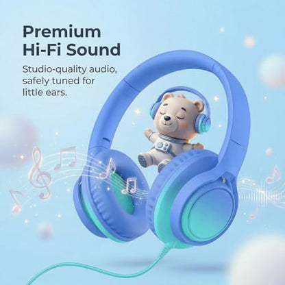 Kids Headphones Wired with Microphone, 85/94dB Volume Limit, 3.5mm Jack & USB-C Adapter, Foldable Over Ear Headset for School, Tablet, iPad, Laptop, Travel(Sky Blue) - color: Gradient Sky Blue & Teal