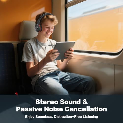 SIMOLIO Wired Headphones for Kids with Mic, USB C & 3.5mm, Safe Volume, Share Port & Pouch, Kids Headphones w/Passive Noise Cancelling, Foldable Headsets for School Airplane Travel iPad (Black) - color: Jet Black