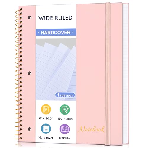 MUAHLIUB Spiral Notebook Wide Ruled Paper 8" x 10 1/2", 1 Subject Spiral Notebook, 3-Hole Punched Perforated Pages Ideal for School, Office, Writing, 95 Sheets Lined Journaling Notebook, Pink - color: Pink
