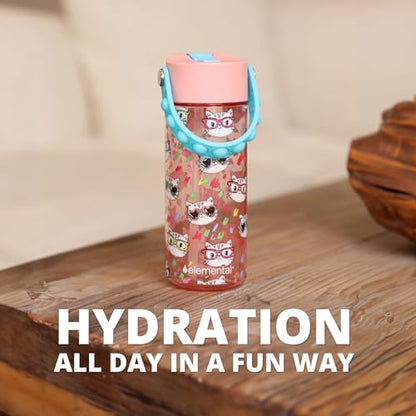 Elemental Leak Proof Water Bottles for Kids - Splash Kids Water Bottle for School with Pop-it Handle - Tritan Plastic Water Bottle with Straw - Stylish Cat & Spring Blossom - 18oz (2 Pack) - color: Duo - Stylish Cat / Spring Blossom