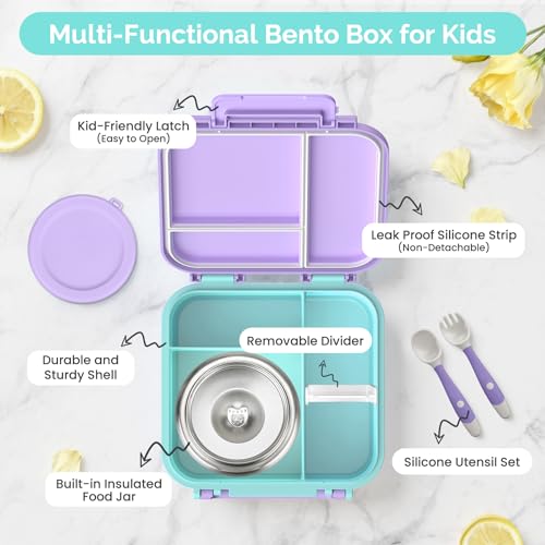 Kids Lunch Box Set with Bento Box, 9oz Stainless Steel Thermo & Insulated Lunch Bag – Hot & Cold Leakproof Lunch Container with Utensils for School & Travel - color: Purple