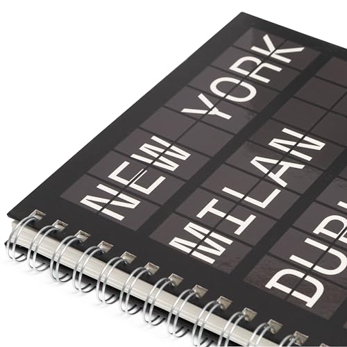 Pearhead City Travel Spiral Notebook, New York Milan Paris Departures Board Hardcover Journal – 100 GSM Thick Lined Pages, UV Spot Gloss Cover, Lay Flat Double-Coil Binding, Wanderlust Gift, 8x10.5 - color: Black & White City Notebook