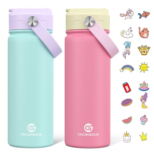 GoKEDA 18oz Kids Water Bottle, 2 Pack Insulated Bottles with Stickers, 18/8 Stainless Steel Vacuum Leak Proof Straw Cup for School, Gifts for Boys Girls(YelloPink+PurpleGreen) - color: Yellow Pink+Purple Green