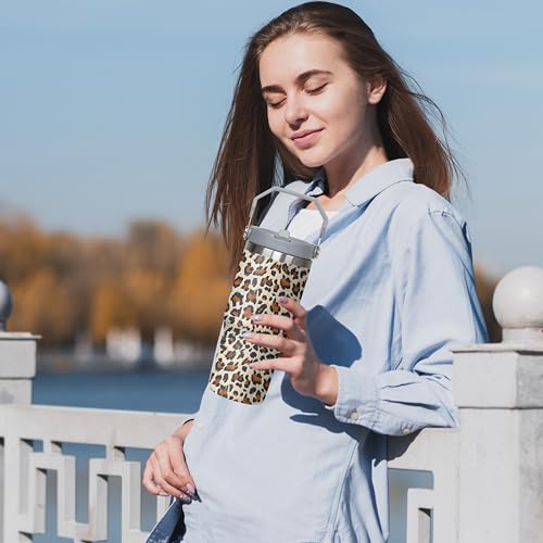 Queen Hero 30 oz Leopard Tumbler with Handle, Large Insulated Tumbler with Flip & Straw Coffee Mug Cup Stainless Steel Gifts for Women Men Youth - color: Leopard