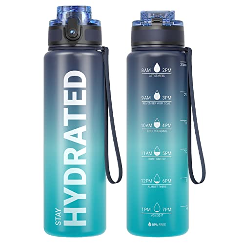 Sahara Sailor Water Bottle, 32/25/17oz Durable and Leakproof Water Bottles Motivational with Time Marker, Tritan, BPA Free, Wide Mouth with Easy Clean Brush for Gym, Travel, School, Office (1 Bottle) - color: Deep Sea, size: 25.4 Ounces