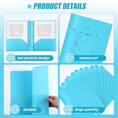 Yeaqee 30 Pcs Plastic Folders with Pockets and Prongs Plastic Folder 2 Pockets 3 Prongs with Card Slot for Office, School for Students, Teachers, Office Workers (Light Blue) - color: Light Blue