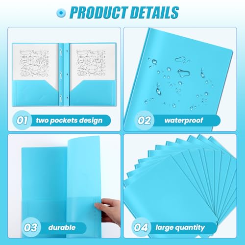 Yeaqee 60 Pcs Plastic Folders with Pockets and Prongs Plastic Folder 2 Pockets 3 Prongs with Card Slot for Office, School for Students, Teachers, Office Workers (Light Blue) - color: Light Blue