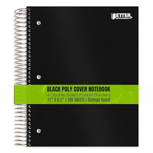 Better Office Products 5 Subject Spiral Notebook, Black Poly Cover, College Rule, 200 Sheet Notebook with 4 Double-Sided Pocket Dividers, 11 x 8.5 inches