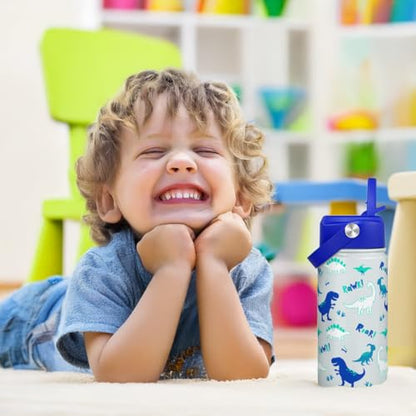 SANDJEST Dinosaur Kids Water Bottle with Straw Lid, Pack of 2 Insulated 12 Oz Stainless Steel Water Bottles for Boys, Travel Cup for School Sports - color: Dinosaur (Pack 2)
