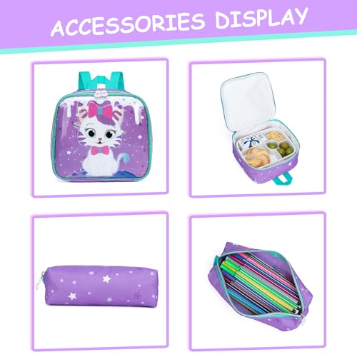 Rolling Backpack for Girls Cute Kids Rolling Backpack with Lunch Bag Kids Backpack with Wheels for School Backpacks for Elementary with Lunch Box Pencil Case Trolley Luggage - color: Purple Cream Cat