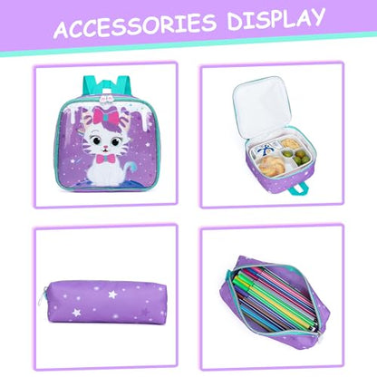 Rolling Backpack for Girls Cute Kids Rolling Backpack with Lunch Bag Kids Backpack with Wheels for School Backpacks for Elementary with Lunch Box Pencil Case Trolley Luggage - color: Purple Cream Cat