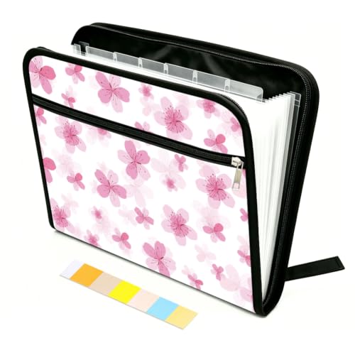 WEBEEDY Pink Cherry Blossoms Expanding File Folder 13 Pockets Pink Flower Accordion File Organizer with Labels and Zipper, Portable Expandable Document Organiser for A4 Paper Photo Receipt Paperwork - color: Pink Cherry Blossoms