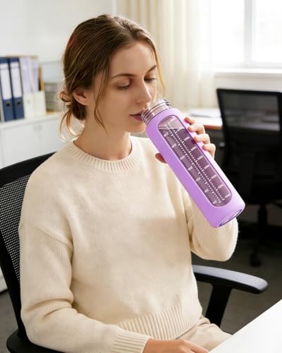 Nefeeko 32 oz Glass Water Bottles with Straw, Motivational Glass Water Bottle with Time Marker, 1 Liter BPA FREE Leakproof Reusable Glass Water Bottle with Silicone Sleeve, Bamboo Lid, Spout Lid - color: Purple