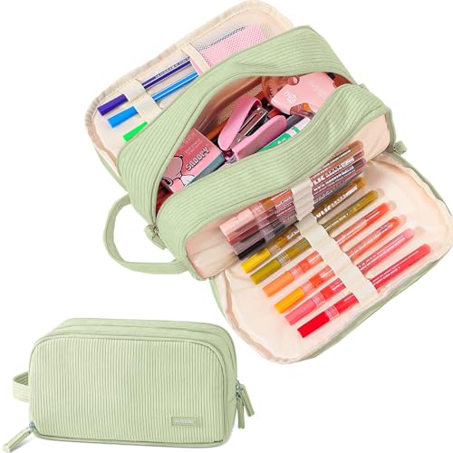 3 Compartment Pencil Case,Large Capacity School Supplies Pencil bag with Easy Handle, Soft Corduroy Pencil Pouch, Aesthetic Supply Pen Case Bag Organizer For Teen Girls College (Green) - color: Green