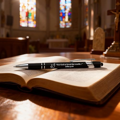 15 Pcs Personalized Bible Pens, Christian Inspirational Ballpoint Pen | Retractable Stylus Pens with Religious Scripture Quotes & Symbols, Smooth Writing Black Pen for Church, Daily, Black - color: Black, style: Christian