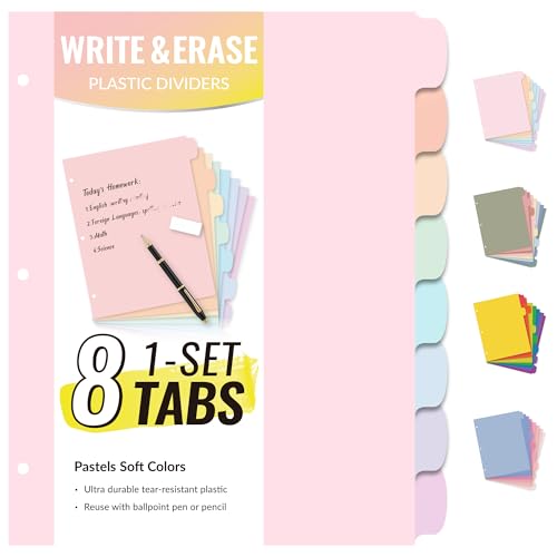 Sooez 8 Tabs Long-Lasting Plastic Write & Erase Large Tabs Dividers for 3 Ring Binder, Aesthetic Cute Pastels Binder Dividers for Student, Teacher, Office, Home Organizers, 1 Set, Pastels Color - color: Pastels Color, size: 1 Set