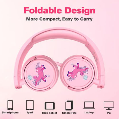 K6 Kids Headphones for Toddler & Kids Ages 2-12, 85/94dB Safe Volume Limited, Wired with 3.5mm Jack, HD Microphone, Adjustable & Foldable, On-Ear Headphones for Tablet, School, Travel, iPad - color: Pink