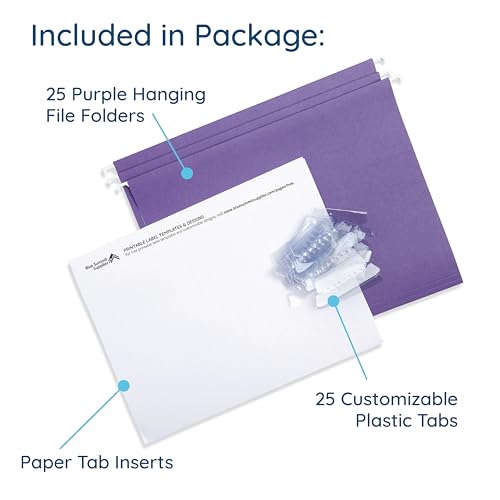 25 Blue Summit Supplies Purple Hanging File Folders - Letter Size, Durable 11pt Paper, Hanging File Folders, Purple, with Plastic Tabs and Inserts Included - color: Purple