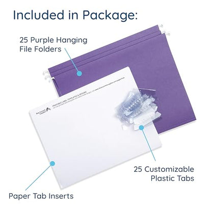 25 Blue Summit Supplies Purple Hanging File Folders - Letter Size, Durable 11pt Paper, Hanging File Folders, Purple, with Plastic Tabs and Inserts Included - color: Purple