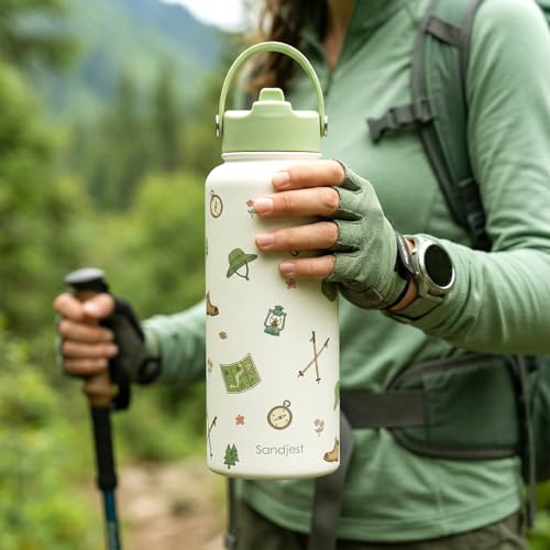 SANDJEST Hiking Lover Gift for Women, Water Bottle Stainless Steel 32oz with Lid & Straw, Insulated Bottles Gifts for Hikers Girls Friends Teens Birthday Christmas - color: Hiking