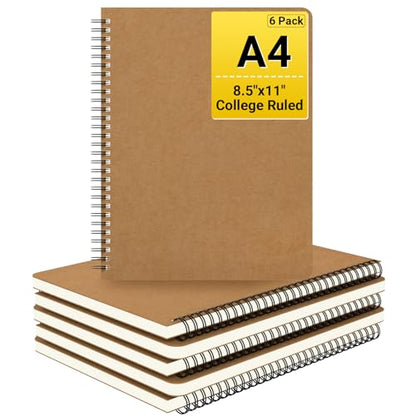 EUSOAR College Ruled Spiral Notebook, 6 Packs A4 11" x 8.5" Lined Journaling Notebooks, 120Pages/ 60Sheets Lined Composition Notebook for Women Men Student Office School Traveling Diary-Kraft - color: Kraft, size: 6Packs