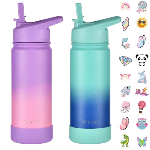 Mininoo Kids Water Bottle for School, 16oz Stainless Steel Insulated Water Bottle Kids with Straw Lid for Girls, Boys (2 Pack) - color: 2 Pack-Purple/Blue, size: 16 Ounces