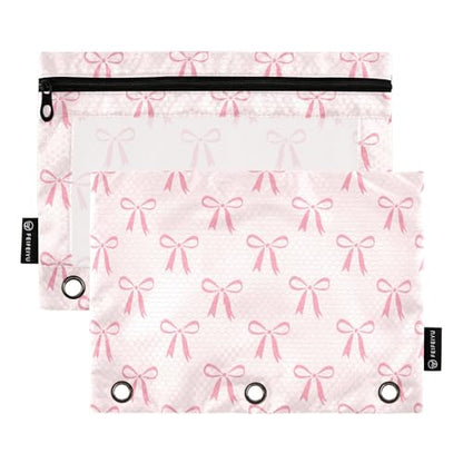 Pink Bow Pencil Pouch for 3 Ring Binder 2 Pcs Binder Pouches with Zipper Pocket Pencil Case Bag with Clear Window for Office Work School Supplies - color: Pink Bow