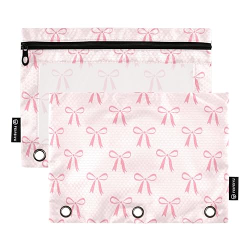Pink Bow Pencil Pouch for 3 Ring Binder 2 Pcs Binder Pouches with Zipper Pocket Pencil Case Bag with Clear Window for Office Work School Supplies - color: Pink Bow
