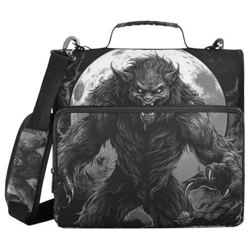 Zipper Binder 3 Ring Werewolf and Moon Print, Big Storage Portable Expanding File Folder Bag Document Organizer for Office Travel with Handle and Strap