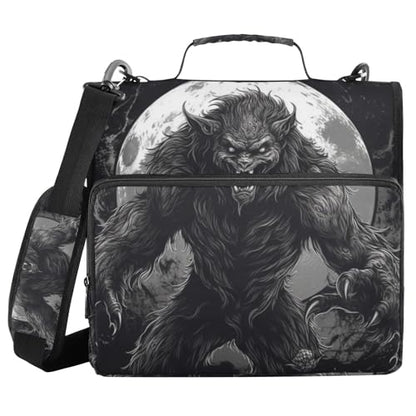 Zipper Binder 3 Ring Werewolf and Moon Print, Big Storage Portable Expanding File Folder Bag Document Organizer for Office Travel with Handle and Strap
