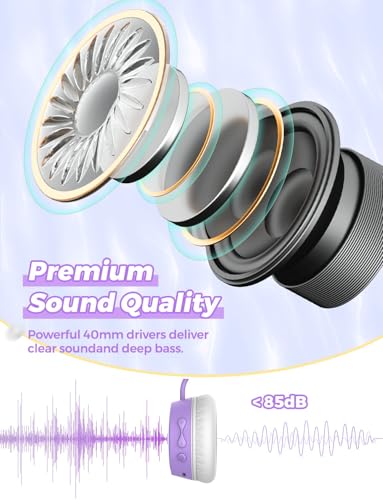 Kids Bluetooth Headphones, 85dB Volume Limited, 68 Hours Playtime, Bluetooth 5.4, Colorful LED Lights Toddler Headphones Wireless with Microphone, Birthday Gift for 1-13 Year Olds (Purple)