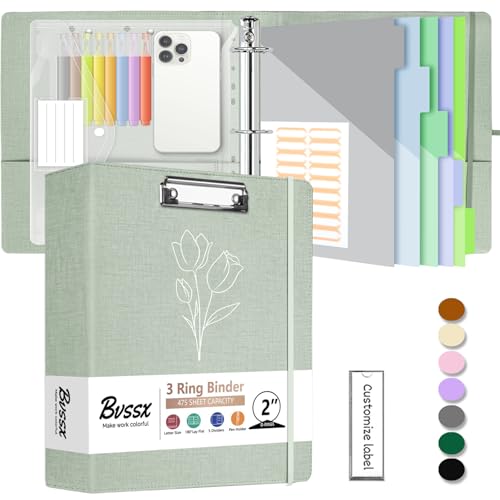 2 Inch 3 Ring Linen Binder Organizer, BVSSX Three Ring Binders with Clipboard, Plastic Folder, 5-Tabs Pocket Dividers with Sticker Labels, Pen Loop, Elastic Strap (Sauge, Letter Size) - color: Sauge, size: 2in（Letter Size）