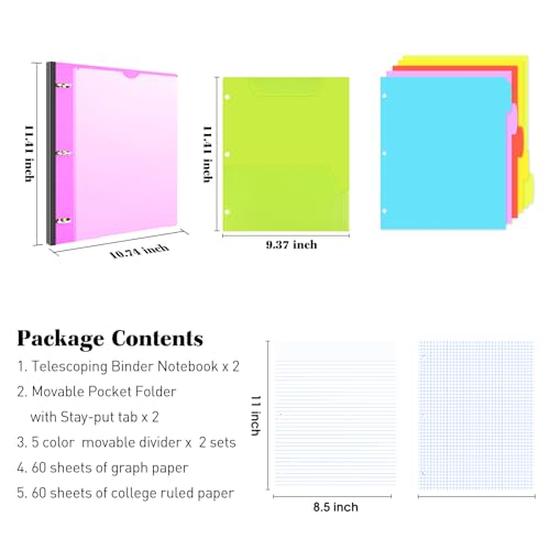 INFUN All-in-one Telescoping Binder Notebook- 2PCS, Refillable 3 Ring Notebook Binder with 1 Plastic Movable Pocket Folder,5 Plastic Subject dividers and Graph Paper and College Ruled Paper- Pink - color: Pink, size: 2 PCS