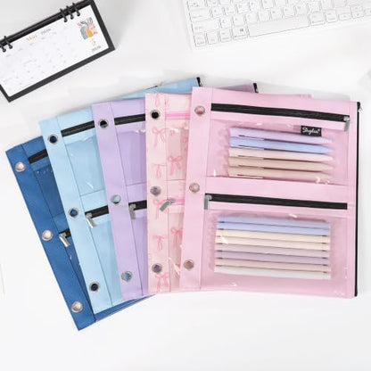 SKYDUE Pencil Pouch for 3 Ring Binder, 3 Compartment Zipper Pencil Case, Large Capacity Pen Organizer with Clear PVC Window for School Supplies, Students, Kids & Teachers - color: Purple