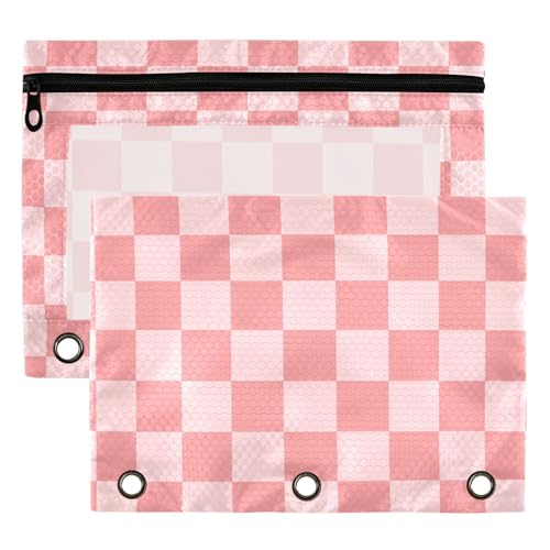 Hotpink Buffalo Plaid Binder Pouches 3 Ring for Boys Girls School Office College Supplies Pink Chessboard Lightpink Pencil Pouches Case Bag with Clear Window and Zipper 2 Pack - color: Hotpink